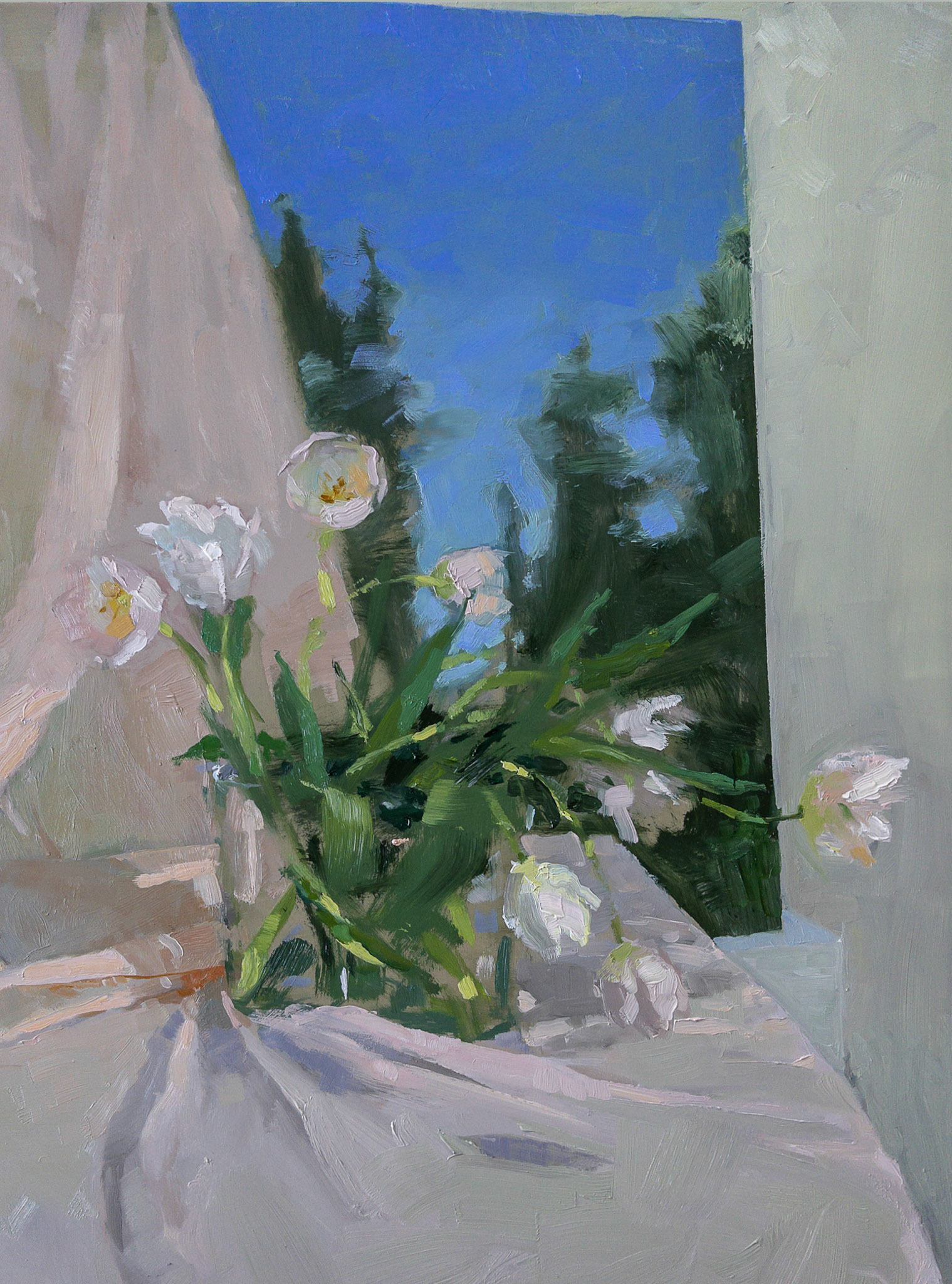 Tulips with Pink Drape, 2022, oil on panel, 14x18