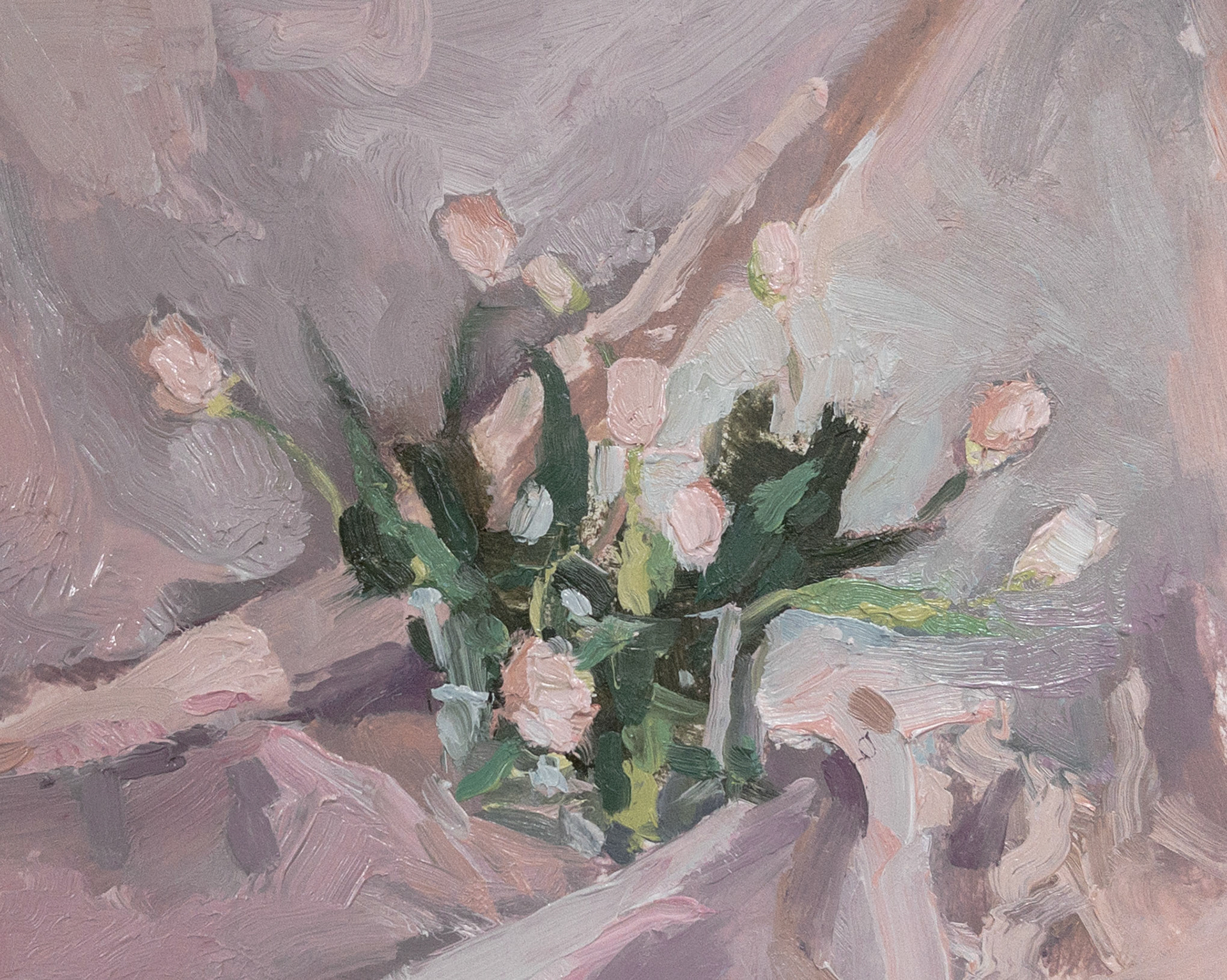 Tulips with Pink Drape I, 2022, oil on paper, 8x6