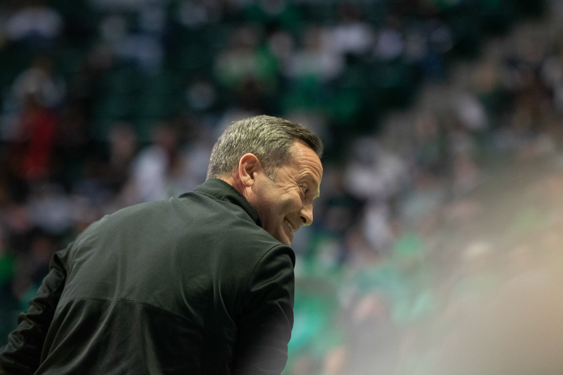Coach McCasland reacts to the Men’s basketball game at the Super Pit on January 20, 2022 in Denton, Texas.
