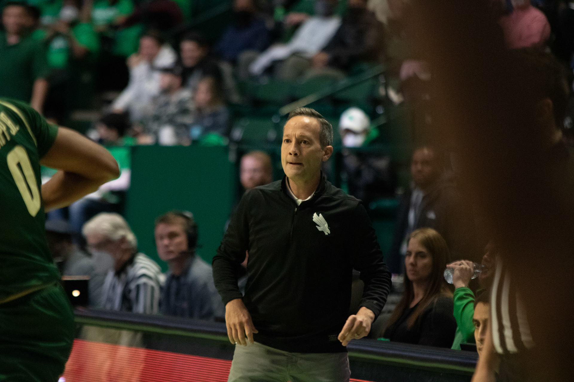 Coach McCasland reacts to the Men’s basketball game at the Super Pit on January 20, 2022 in Denton, Texas.