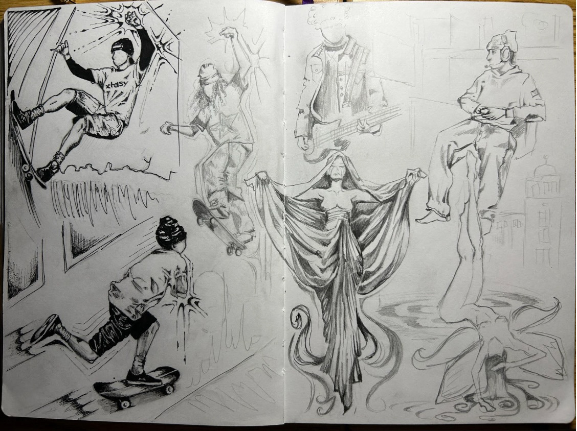 Skate and More, 8.5 x 11", pencil and ink & sketchbook paper