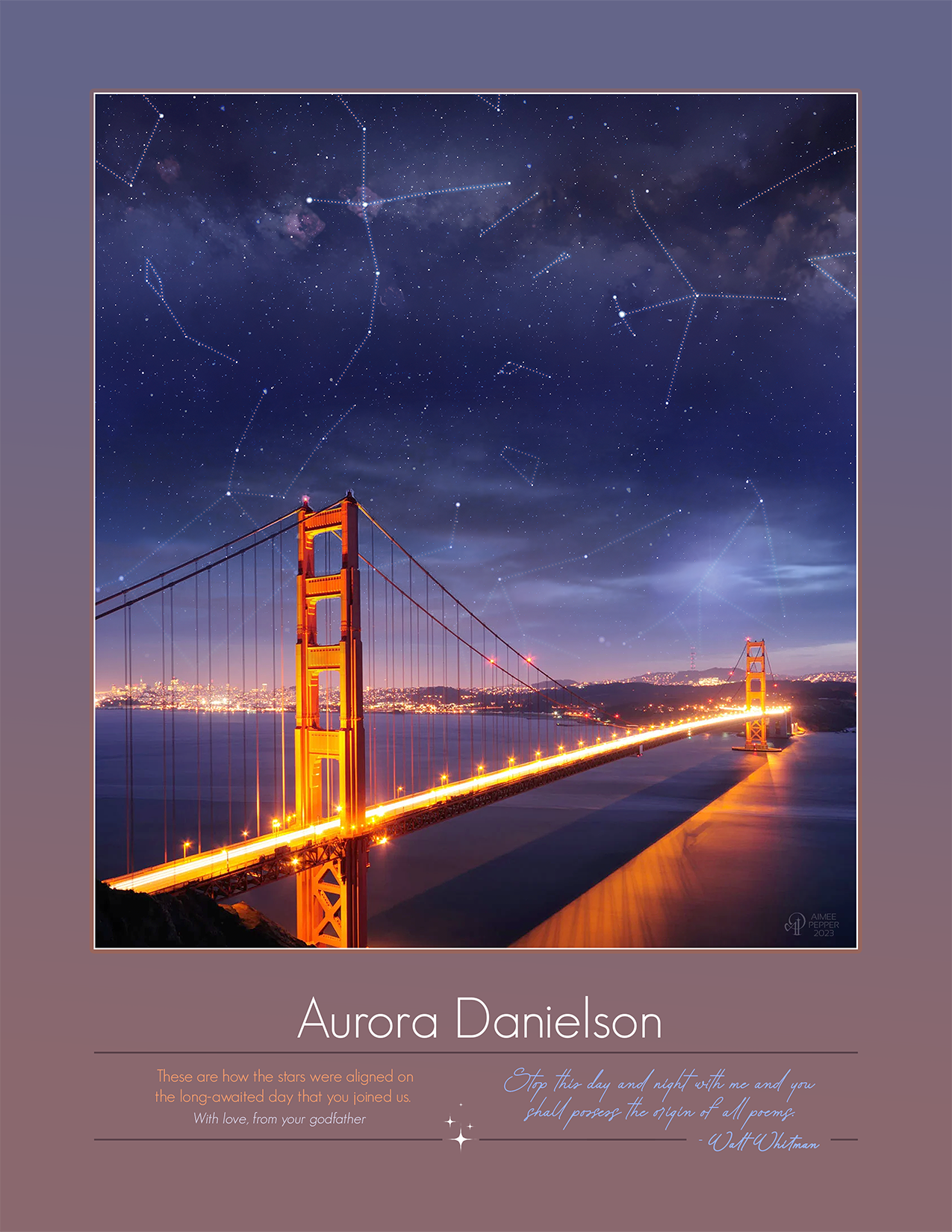 This project involved mapping out the sky when a child was born, then finding an angle from which their star sign was visible, and then making a poster featuring a shot of a sentimental landmark from that angle. 