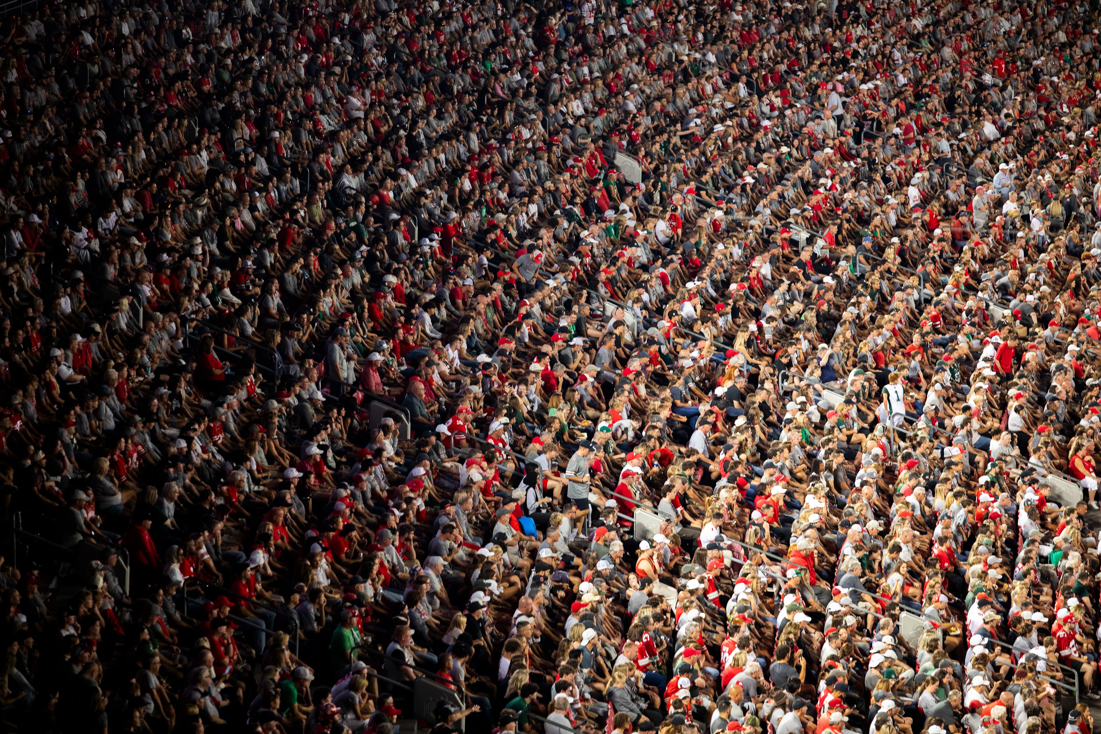 Fans sit in the crowd of Ohio Stadium in Columbus, Ohio, during the Ohio State vs Ohio University football game, Sept. 13, 2025.