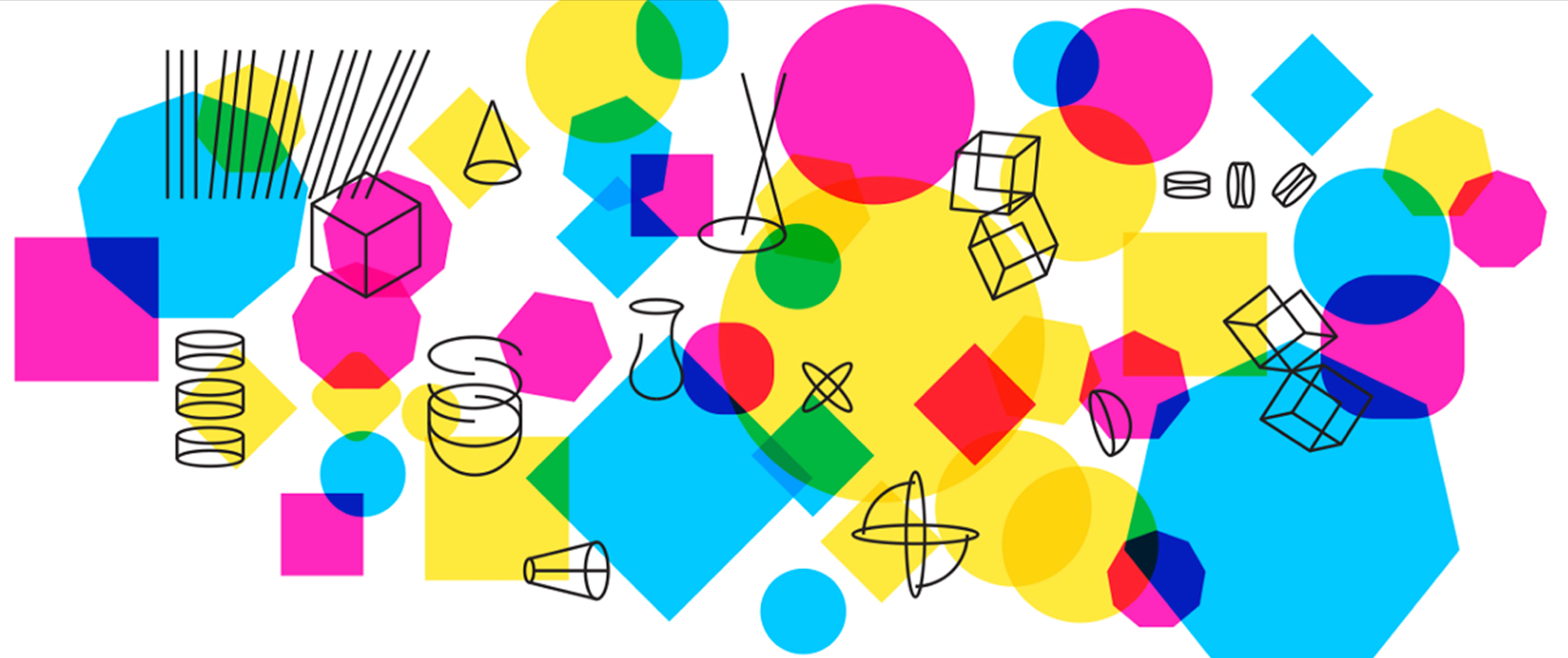 Illustration of geometric shapes with reduced opacity layered under black outline drawings of geometric shapes