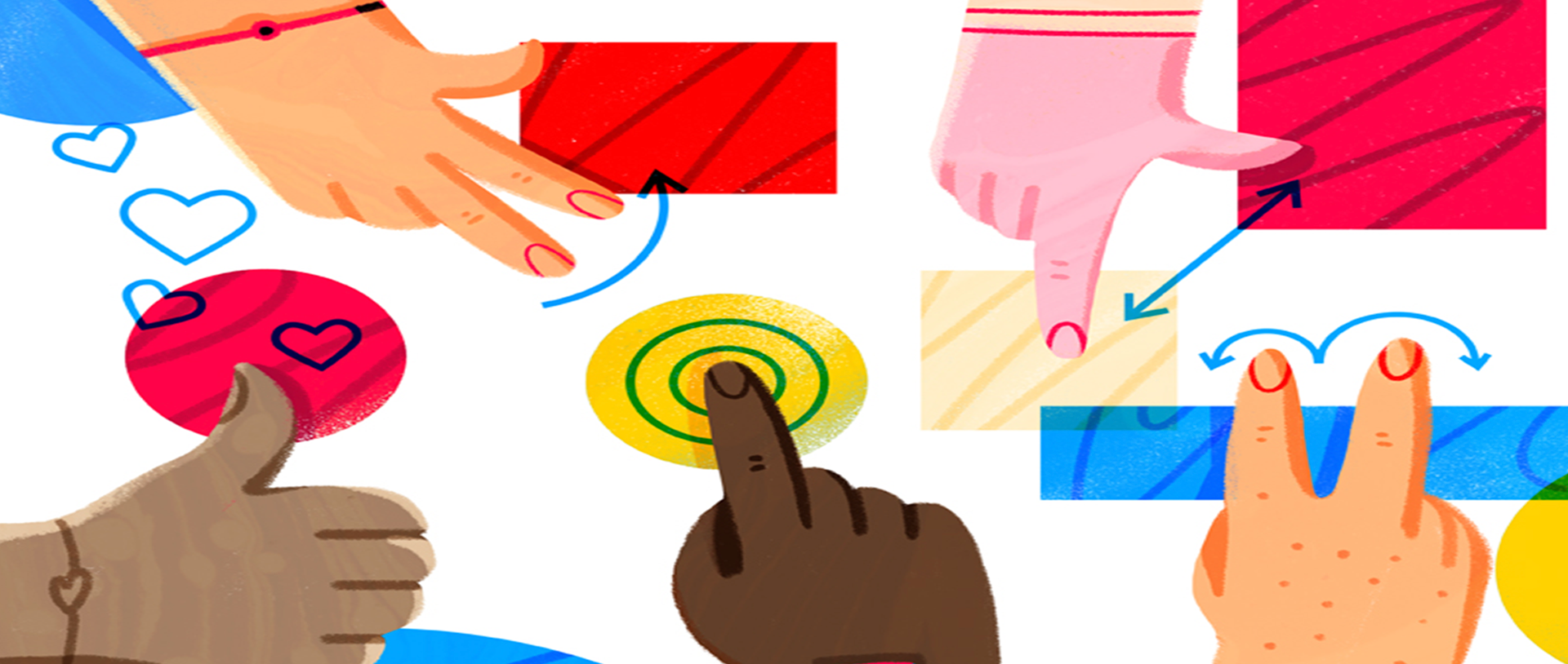 Illustration of hands interacting with abstract digital gestures