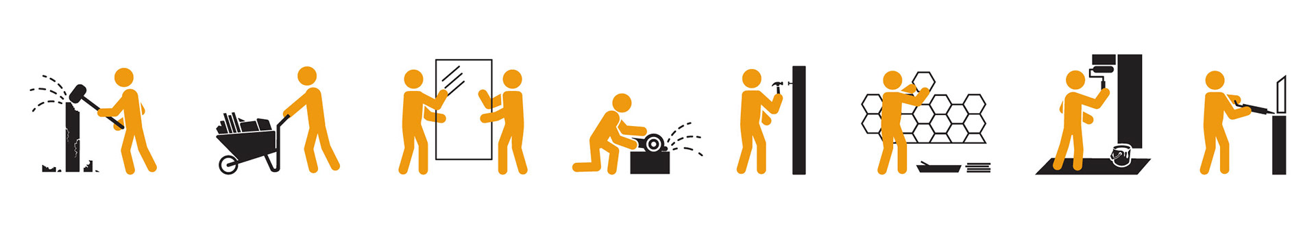 Eight icons of stick figure construction people doing various remodeling tasks