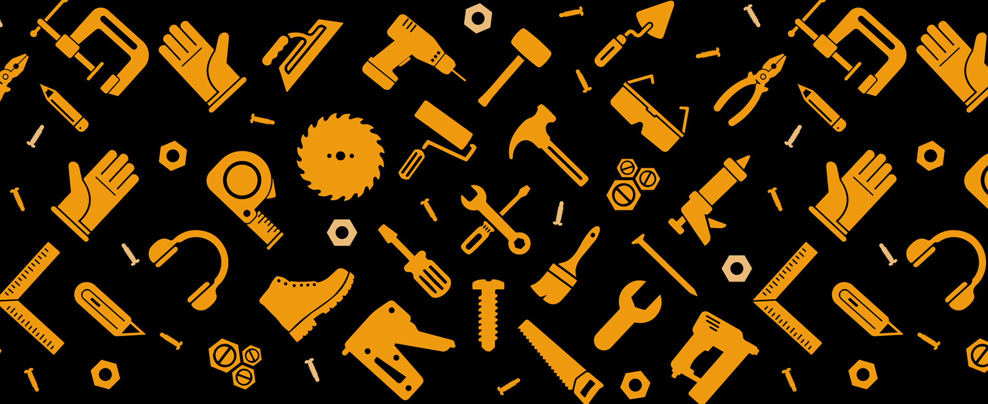 Black background and gold pattern of construction equipment and tools