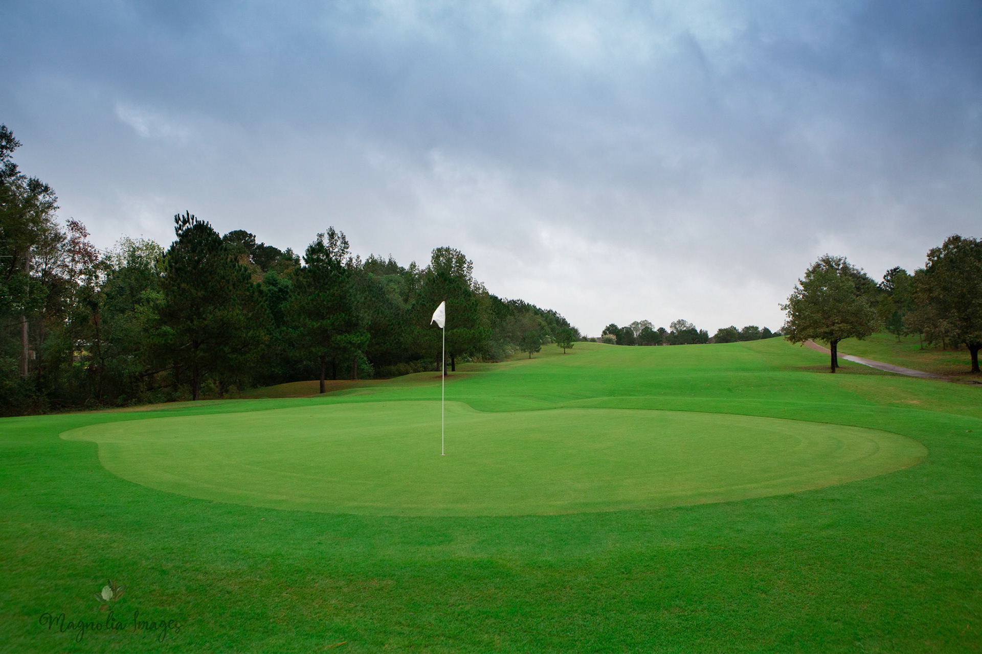The multi-tiered green of the par 5 No. 7