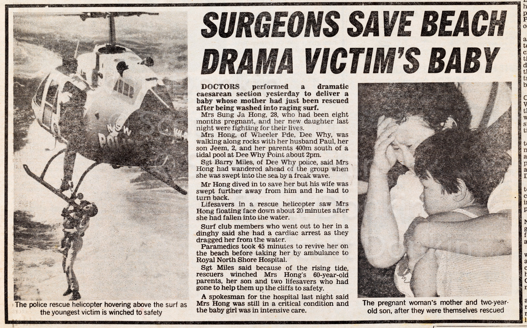 Police Helicopter rescue of a family stranded by rising tides on a rock platform at Dee Why.  Published 18 December 1988 in the Manly Daily.
