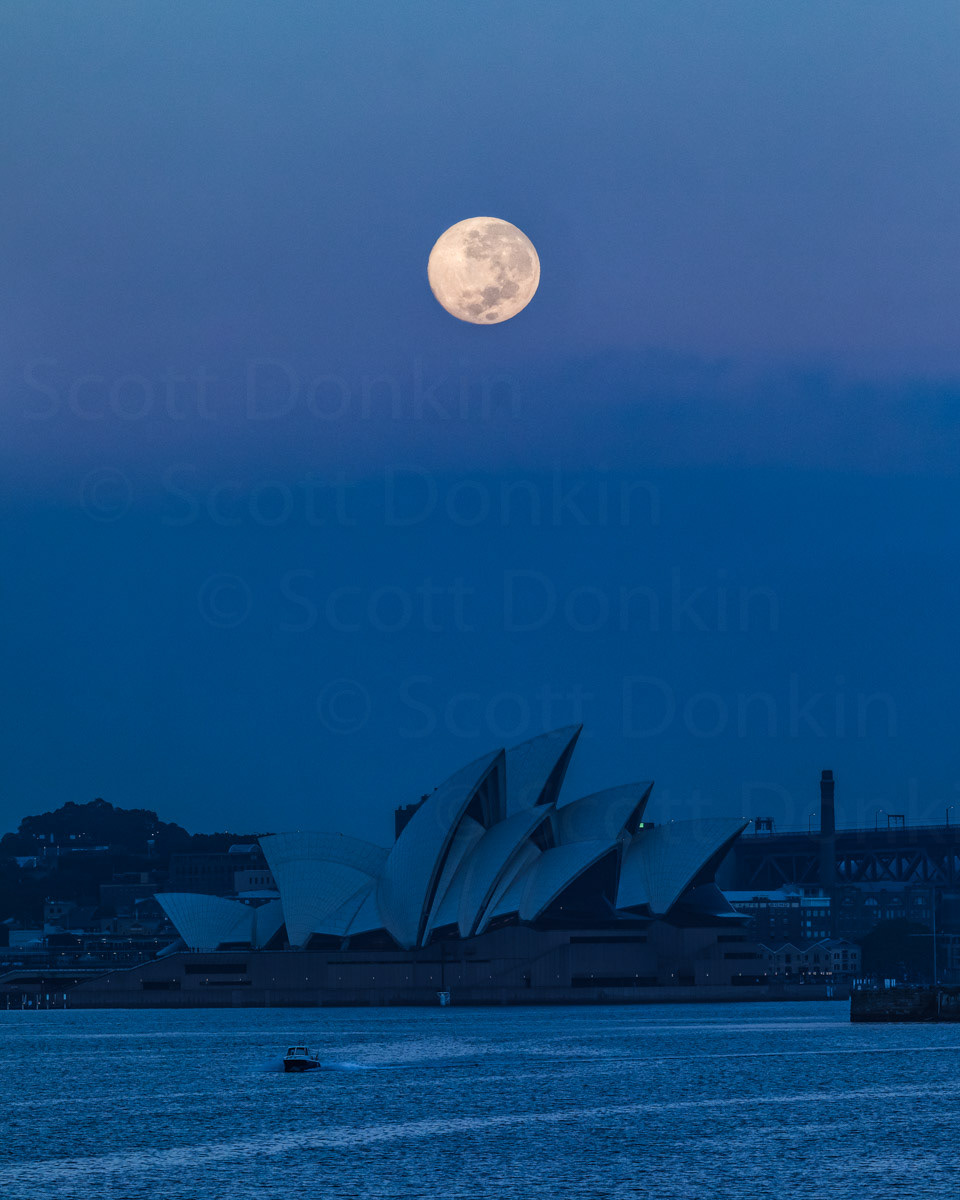 SYDNEY, NSW, AUSTRALIA - 20 April 2020: Moon set at sunrise, four minutes after the sun has broken the opposite horizon and not yet casting light on the Sydney Opera House.  Waning moon with 99.8% disc illumination. Single exposure. 