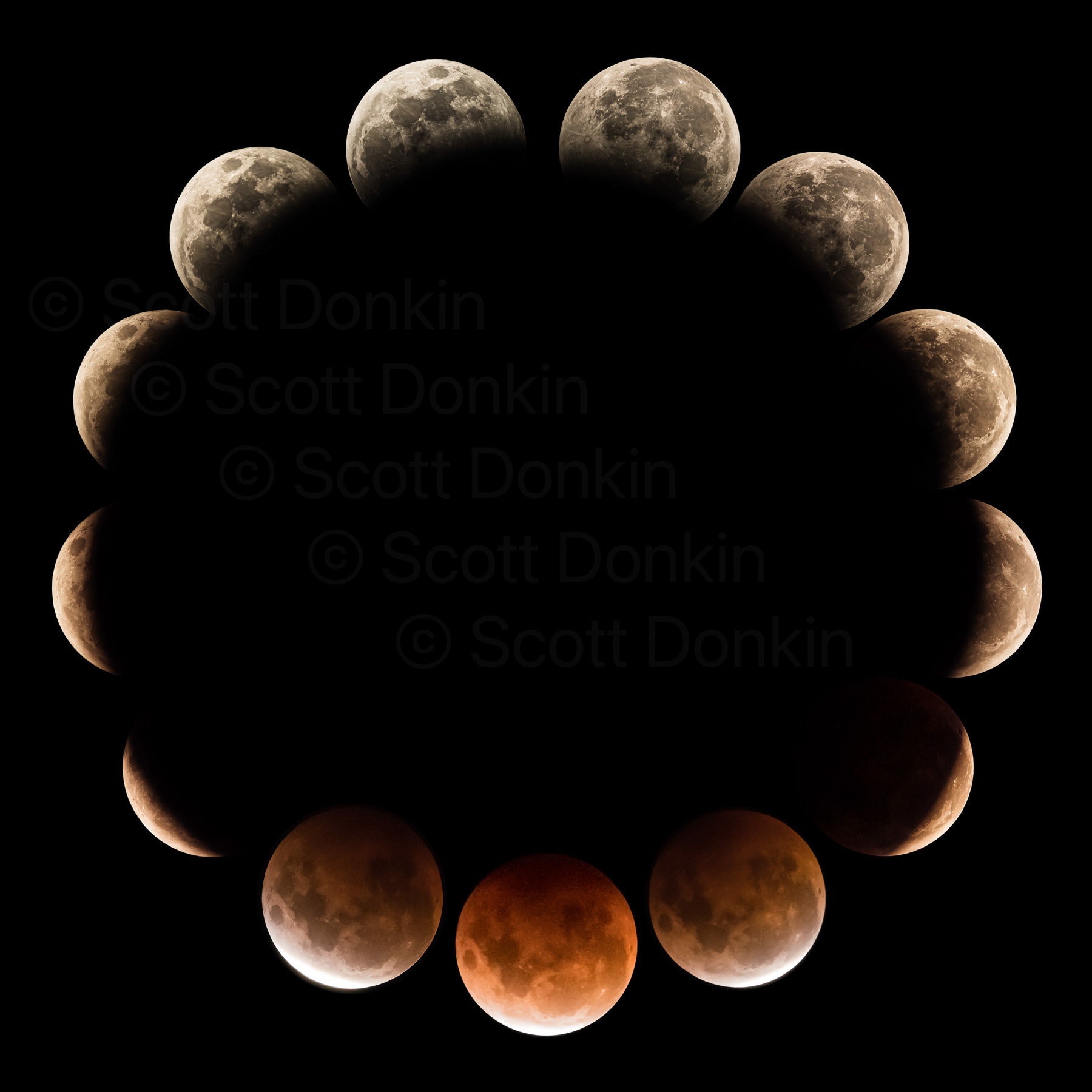 SYDNEY, AUSTRALIA - 26 May 2021: Earth's umbra during the total lunar eclipse of a Super Flower Blood Moon. Each moon is a single shot with the composited series representing a passage of about two-and-a-half hours of the entire eclipse. The first shot in the series is at the 11 O’clock position and continues counter-clockwise. 