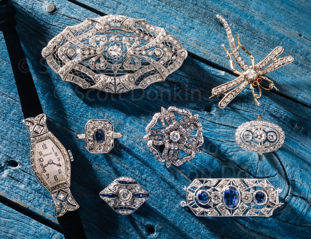 Antique and estate jewellery collection for shop advertising.