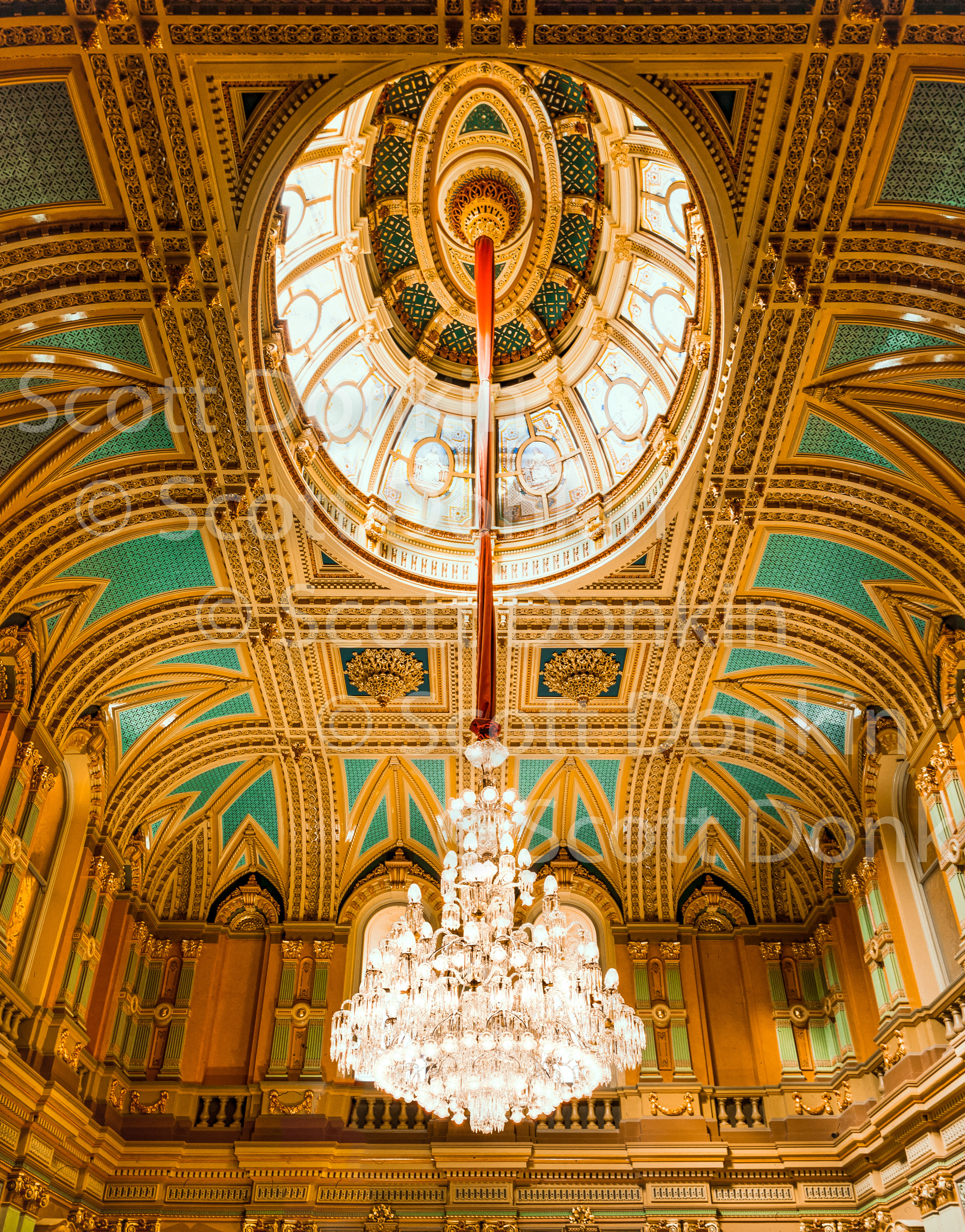 Ballroom ceiling and chandellier after restoration, Sydney Town Hall. Magazine editorial.