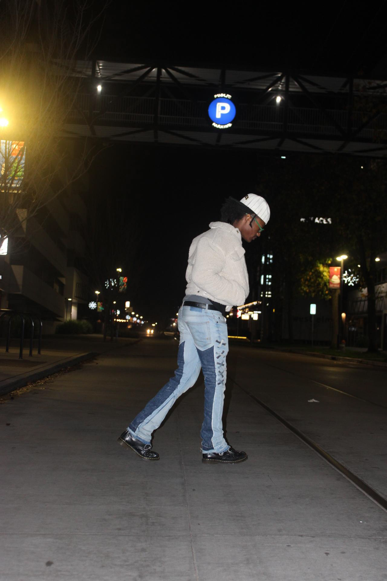 Upcycled lightblue denim pants with dark blu edenim panel back leg, matching lightblue denim flare, and belt loop X's down the thigh.