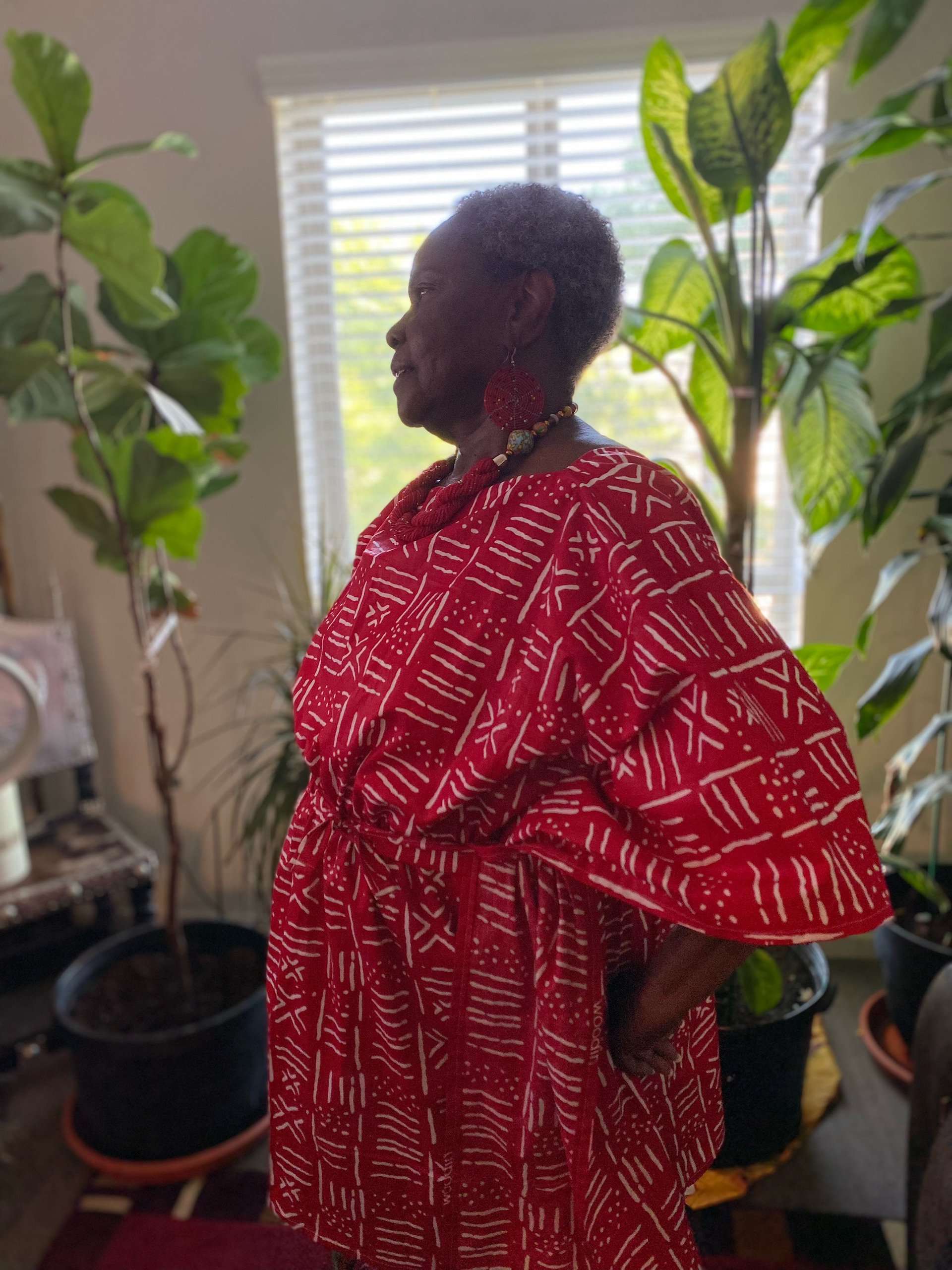 African textile blouse with elastic rouched waist with belt