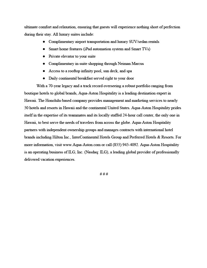 News release for the fictional opening of Espacio, a luxury hotel located in Honolulu