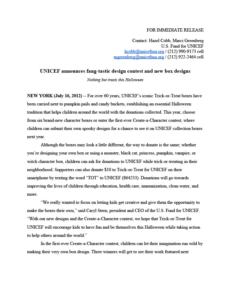 News release to announce UNICEF's first-ever Halloween box design contest and new box designs for their Trick-or-Treat for UNICEF campaign