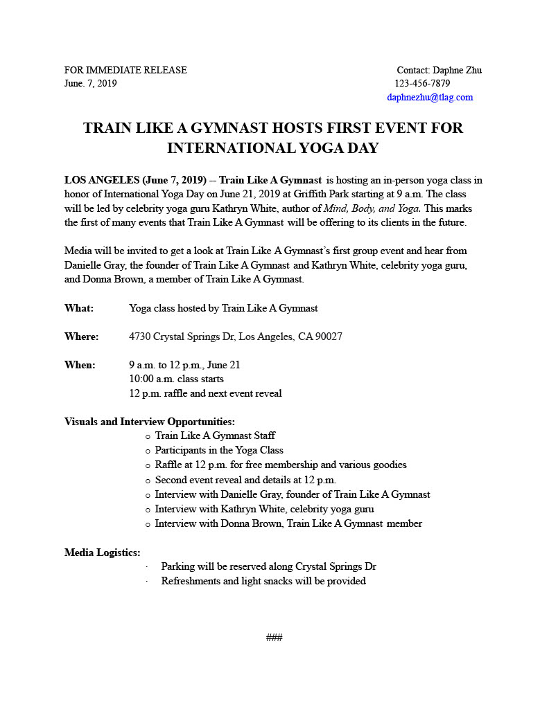 Media Advisory for a yoga class hosted by Train Like a Gymnast