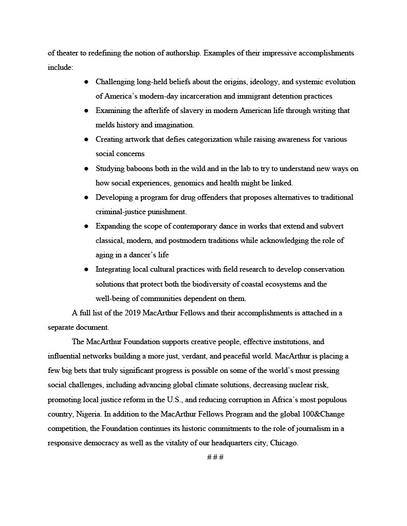 News Release to announce the 2019 MacArthur Fellows 