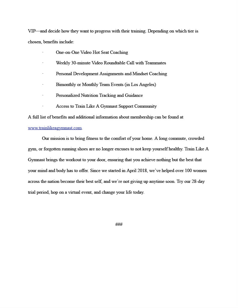 News release for Train Like a Gymnast, a unique virtual training program 