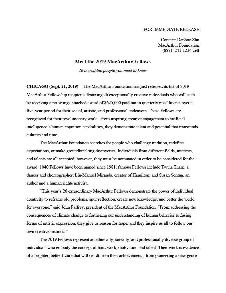 News Release to announce the 2019 MacArthur Fellows 