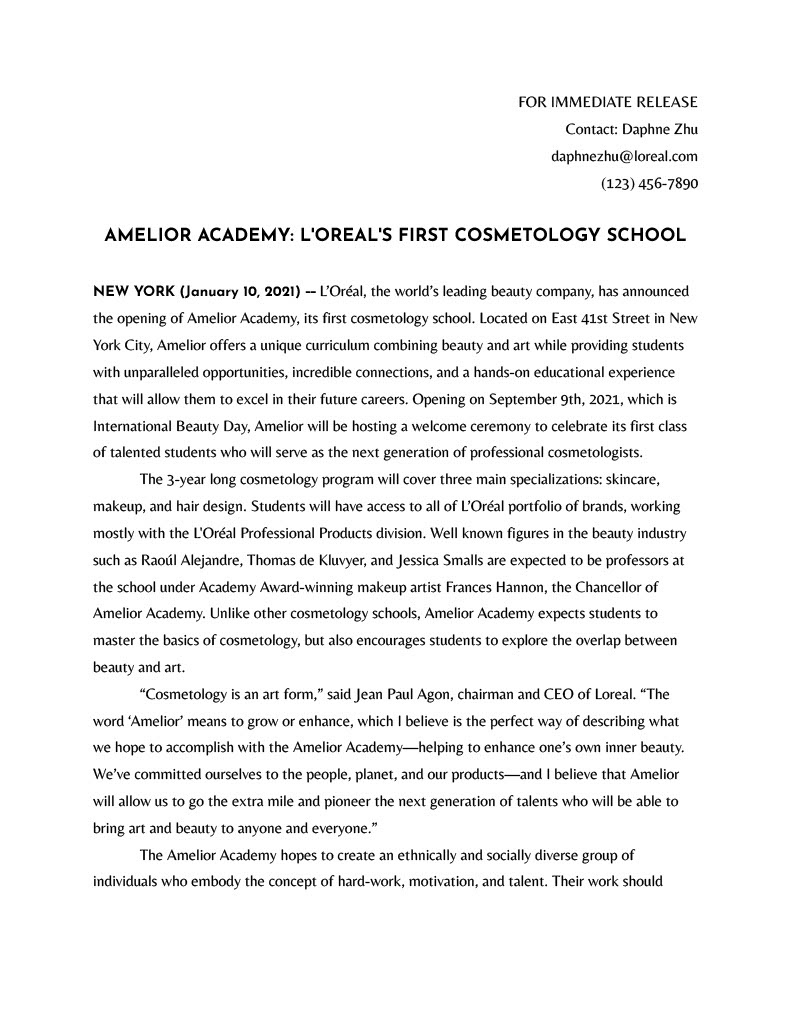 News release announcing the opening of Amelior 