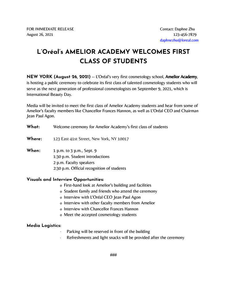 Media advisory for Amelior's welcome ceremony 