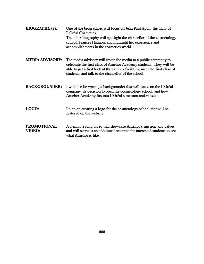 Formal memo outlining the elements included in the media kit 