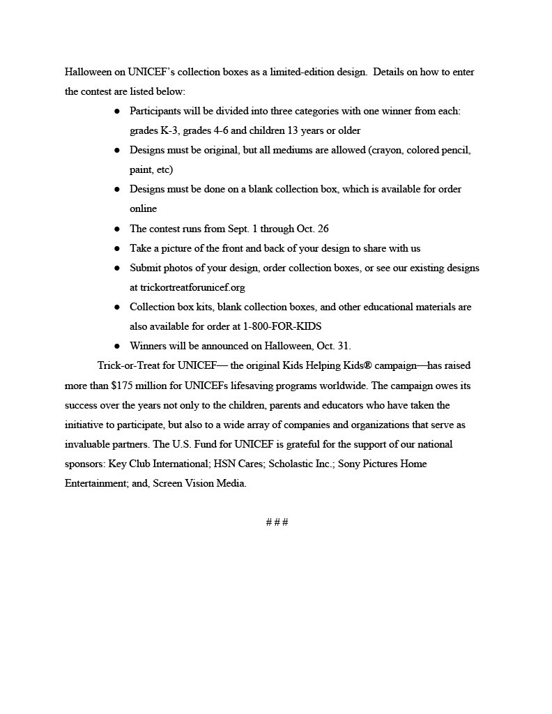 News release to announce UNICEF's first-ever Halloween box design contest and new box designs for their Trick-or-Treat for UNICEF campaign