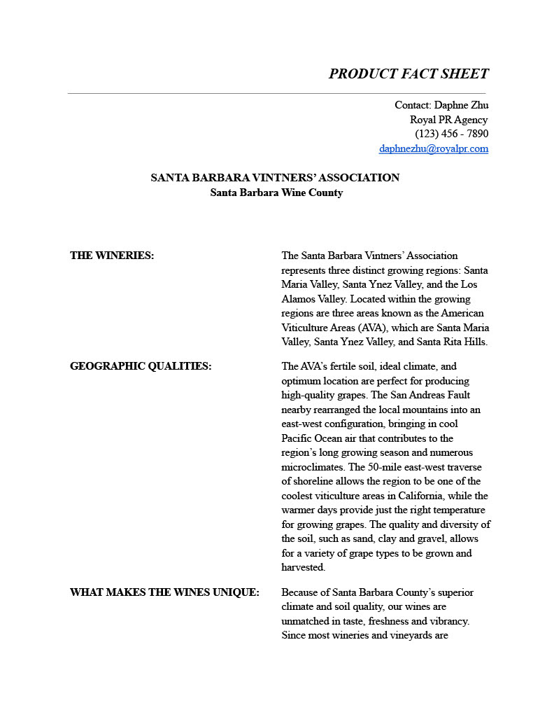Fact Sheet on the Santa Barbara Vintners' Association