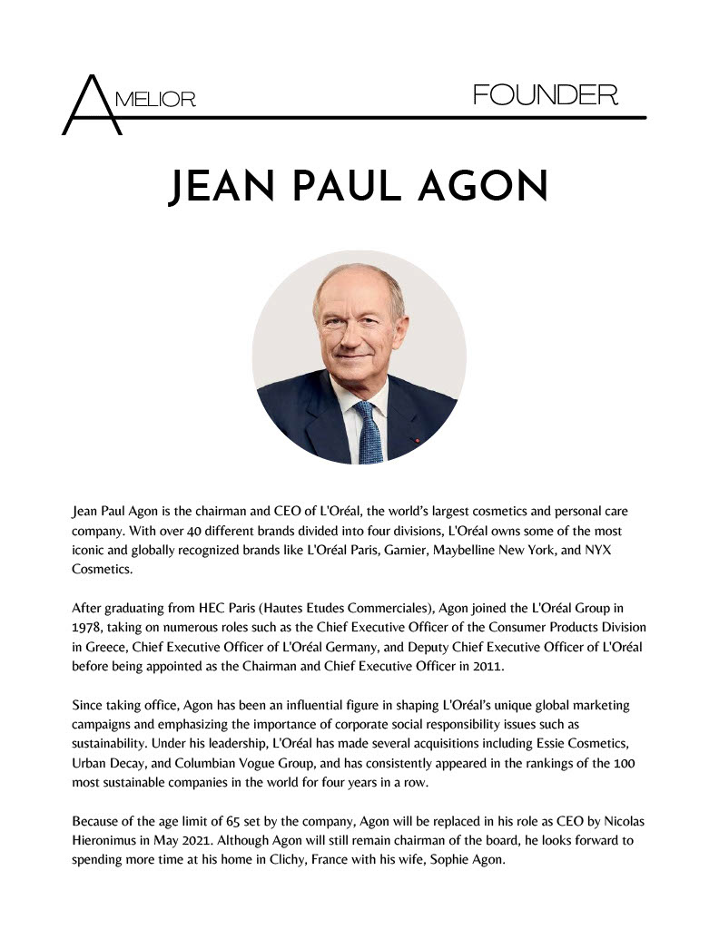 Formal biography on Jean Paul Agon, founder of Amelior and CEO of L'Oréal