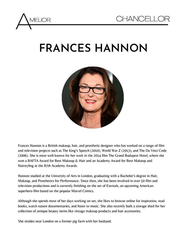 Formal biography on Frances Hannon, Chancellor of Amelior Academy 