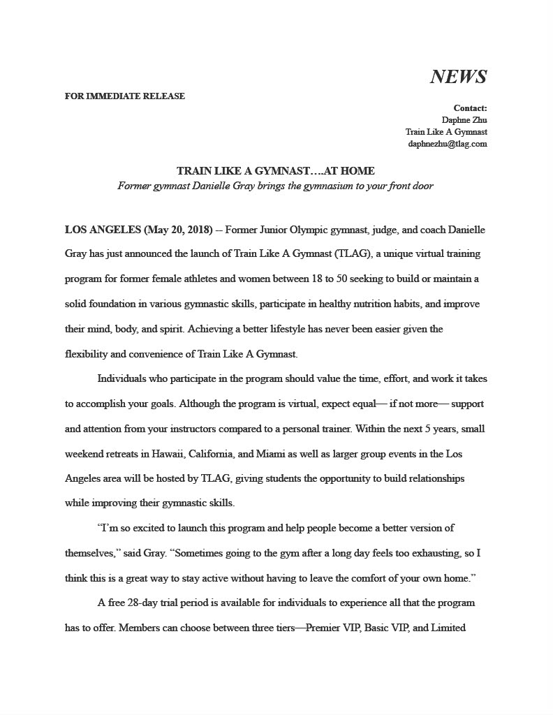 News release for Train Like a Gymnast, a unique virtual training program 