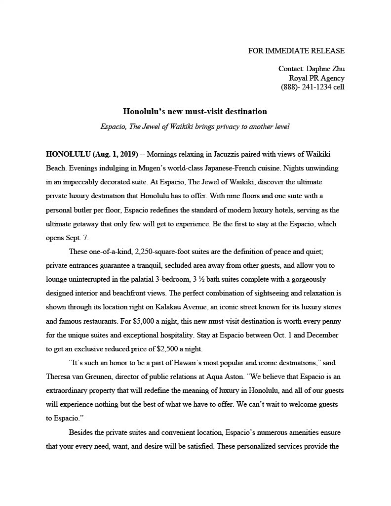 News release for the fictional opening of Espacio, a luxury hotel located in Honolulu