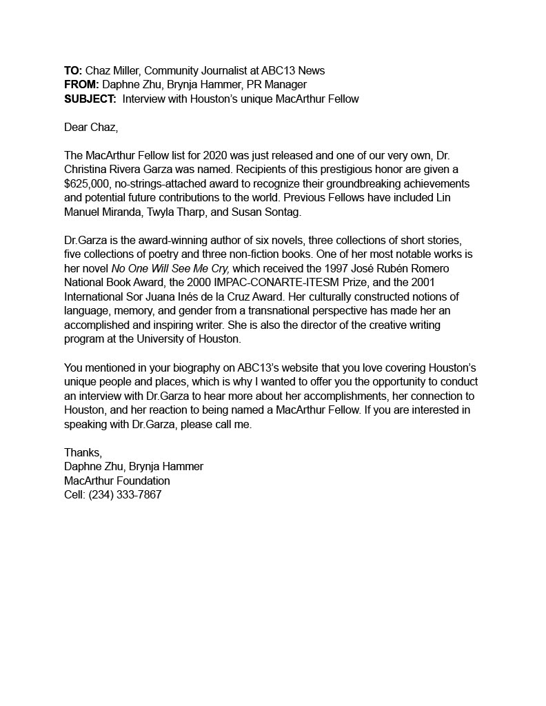 Email pitch targeted towards a local news outlet in Houston to feature Dr. Garza, a recipient of the prestigious MacArthur Fellow award.