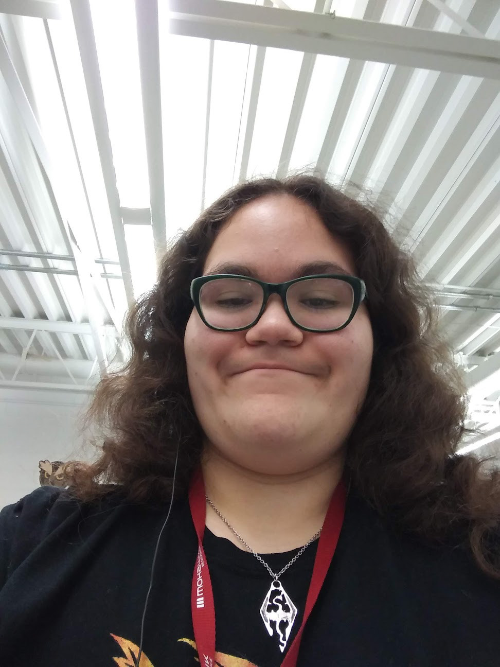 The image shows a person taking a slightly low-angle selfie indoors. They are wearing dark-framed glasses and have medium-length, curly brown hair. Their expression is calm and subtly smiling, giving a relaxed, approachable feel. They’re dressed casually in a black T-shirt and a red lanyard worn around the neck. A silver necklace with a stylized, angular pendant stands out against the shirt. Thin wired earbuds are visible, suggesting they may be listening to audio. The background appears to be a modern interior space with a high ceiling, exposed white beams, and bright overhead lighting, giving the setting an open, industrial or institutional feel (such as a school, office, or workplace). The overall image feels candid and natural, like a quick snapshot taken during the day.