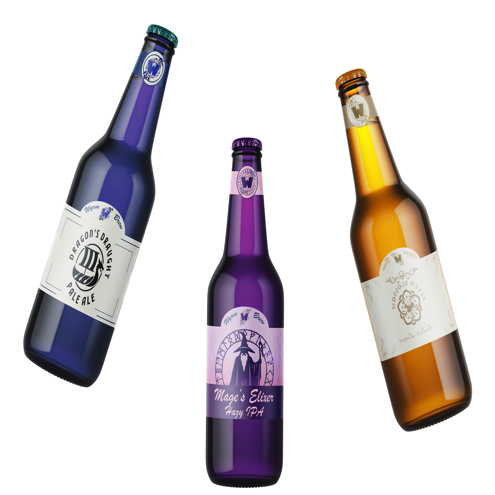 Mockup of three beer bottles in blue, purple and yellow, with dynamic lighting