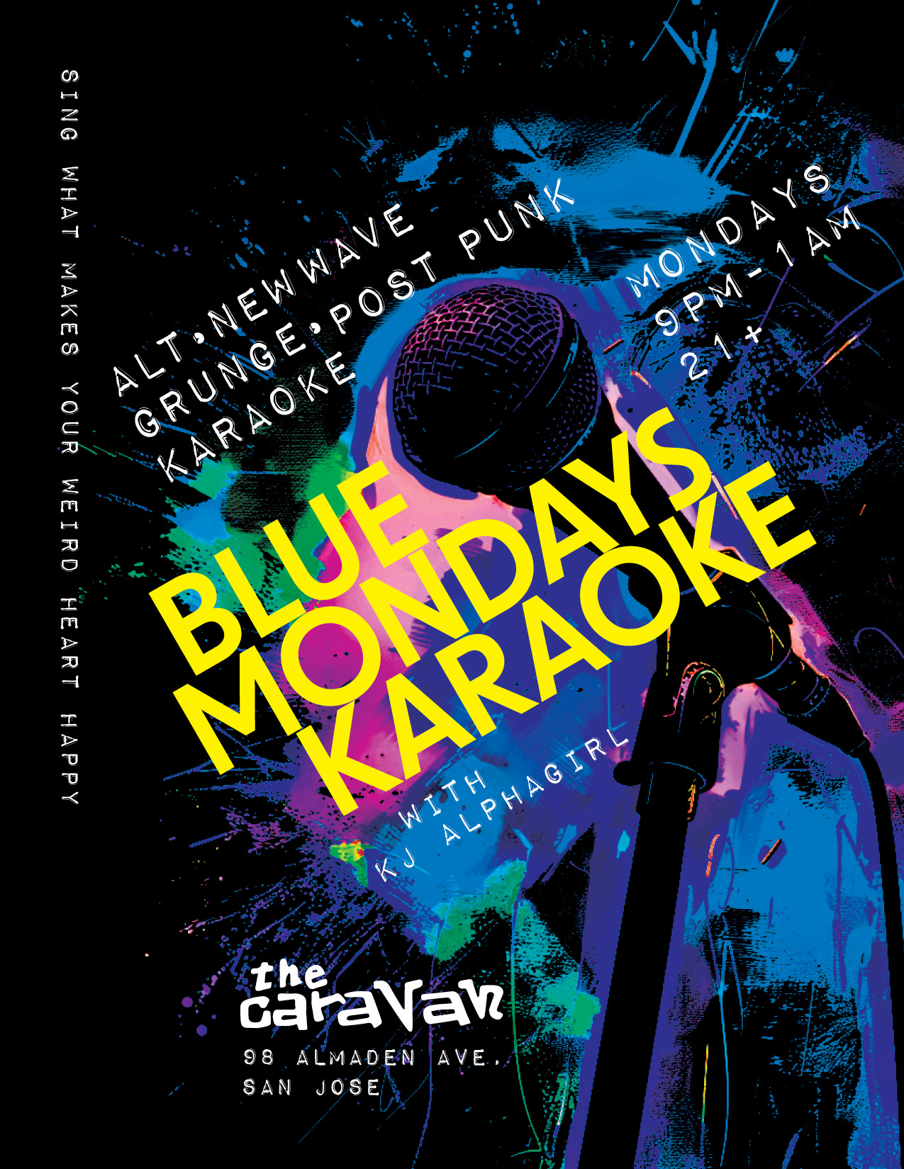 Blue Mondays Karaoke. Poster for a themed karaoke night at the Carvan Lounge in San Jose.