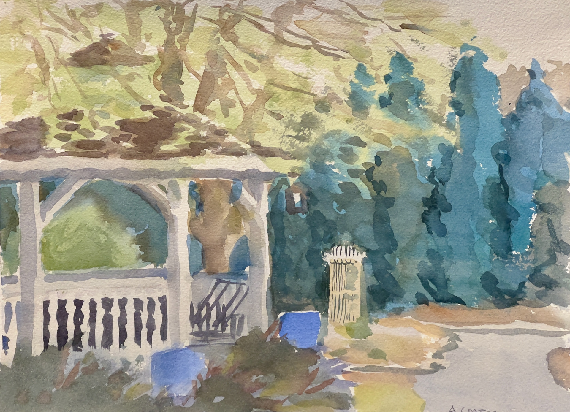 “Garden Gazebo”, Watercolor on Paper, 11 3/4" x 9"