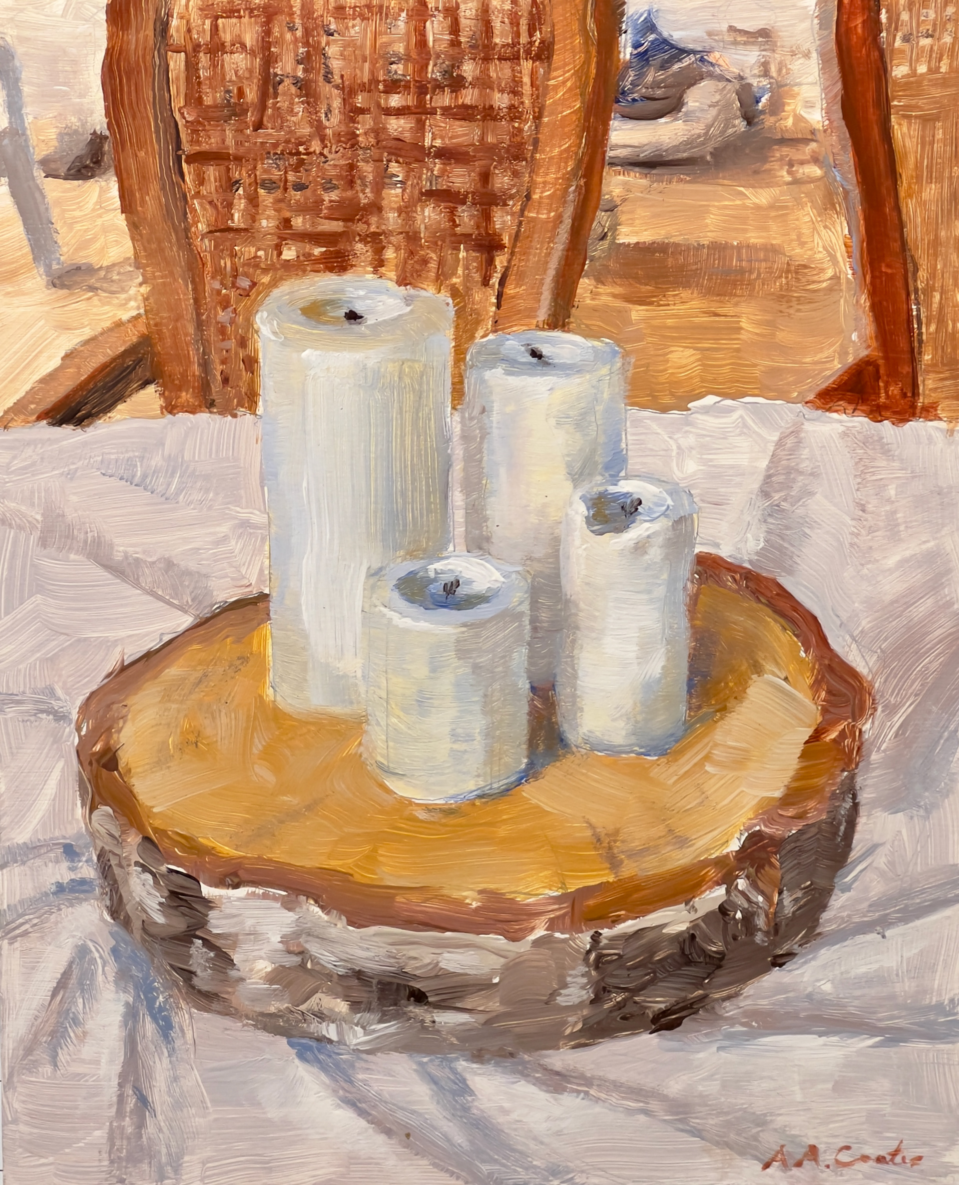 “Candles on Wood Round Centerpiece”, Acrylic on Illustration Board, 8" x 10"