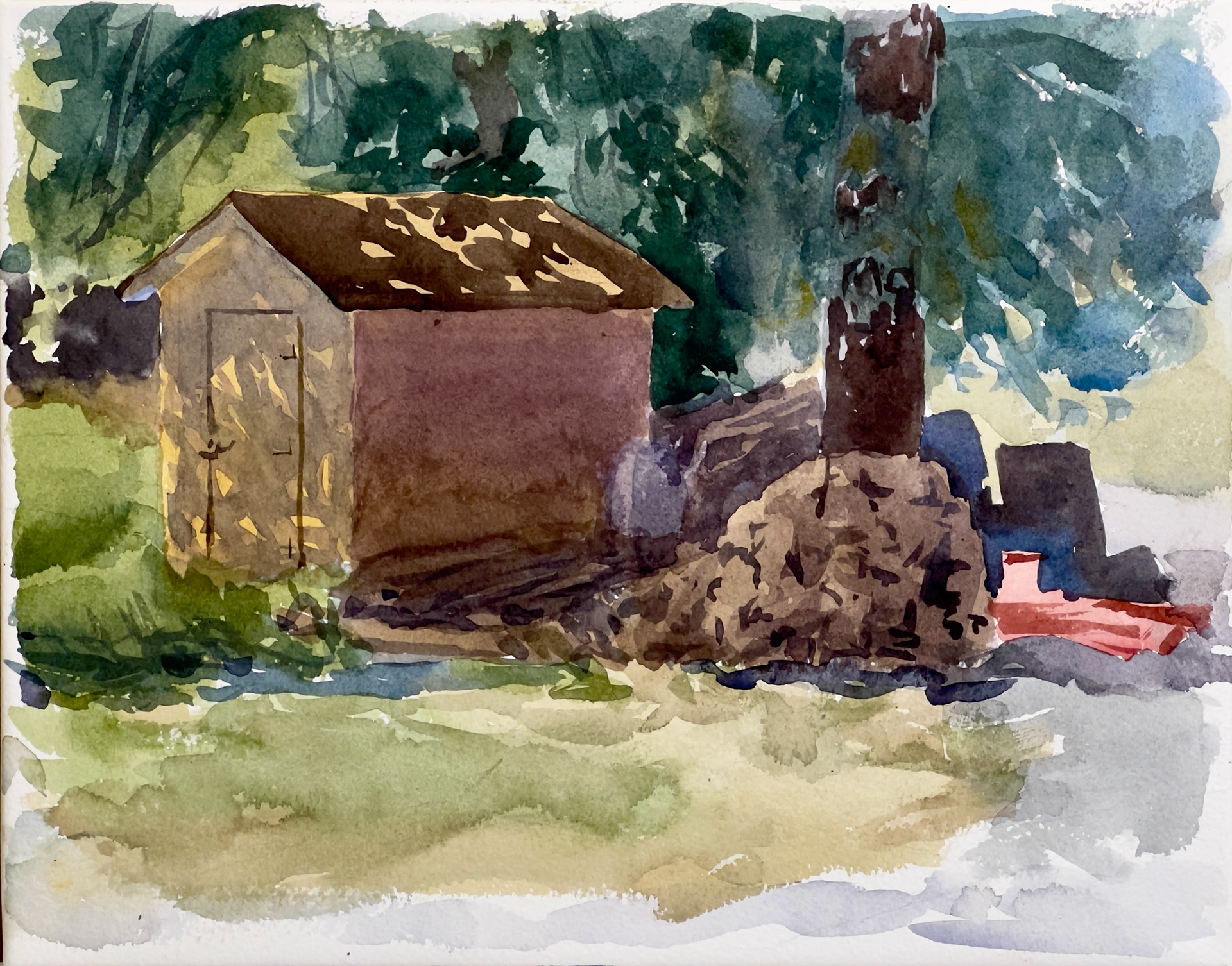“Shaded Tool Shed”, Watercolor on Paper stretched on wood brace, 14" x 11" x 1"