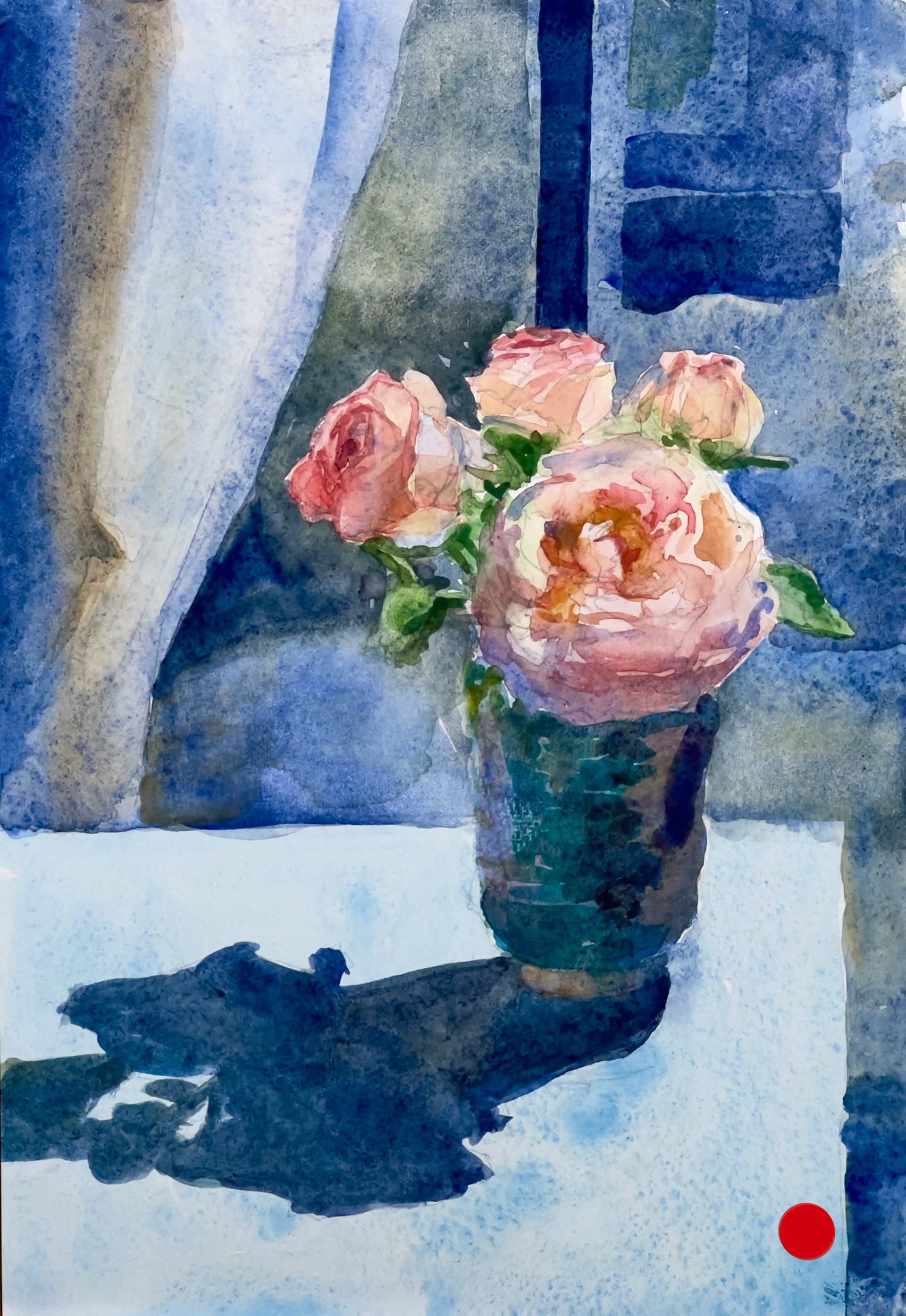 *Sold* “Roses in Pink and Blue”, Watercolor on Paper, 7" x 10 1/8"