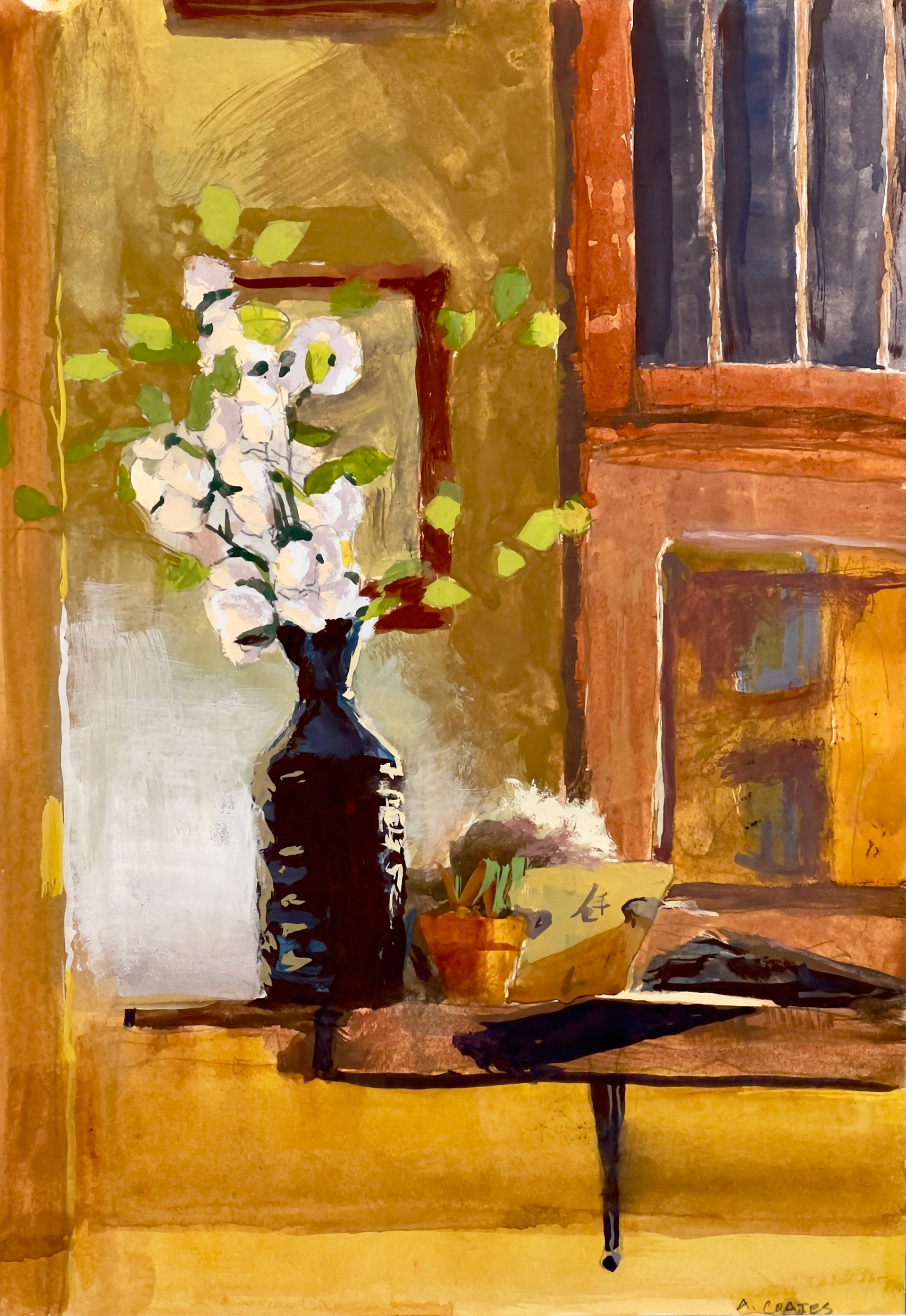 “Cotton Flowers in Ceramic Vase with Small Chinese Box”, Gouache on Paper, 7" x 10 1/8"