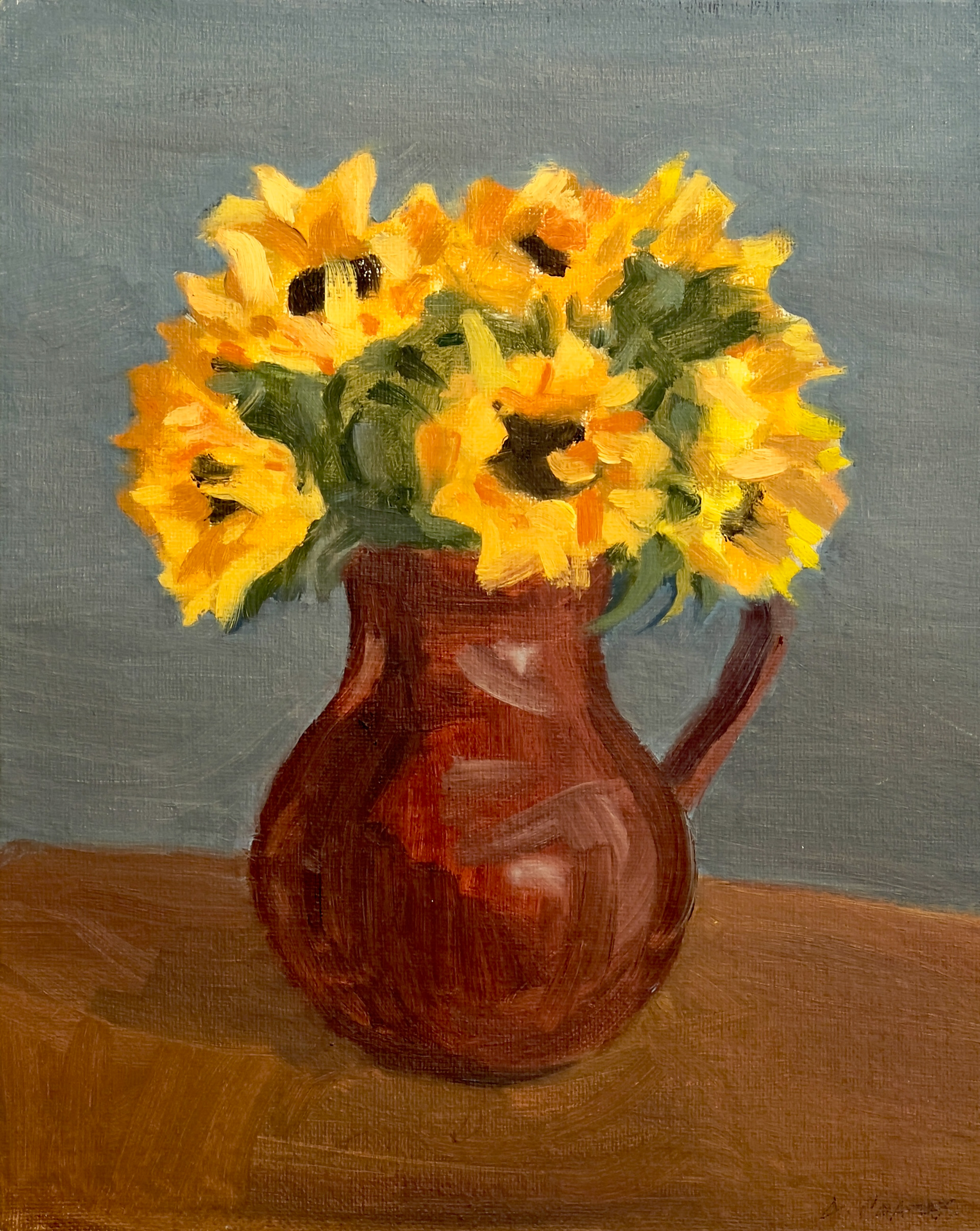 “Sunflowers in Red Pitcher”, Oil on Canvas Panel, 8" x 10"