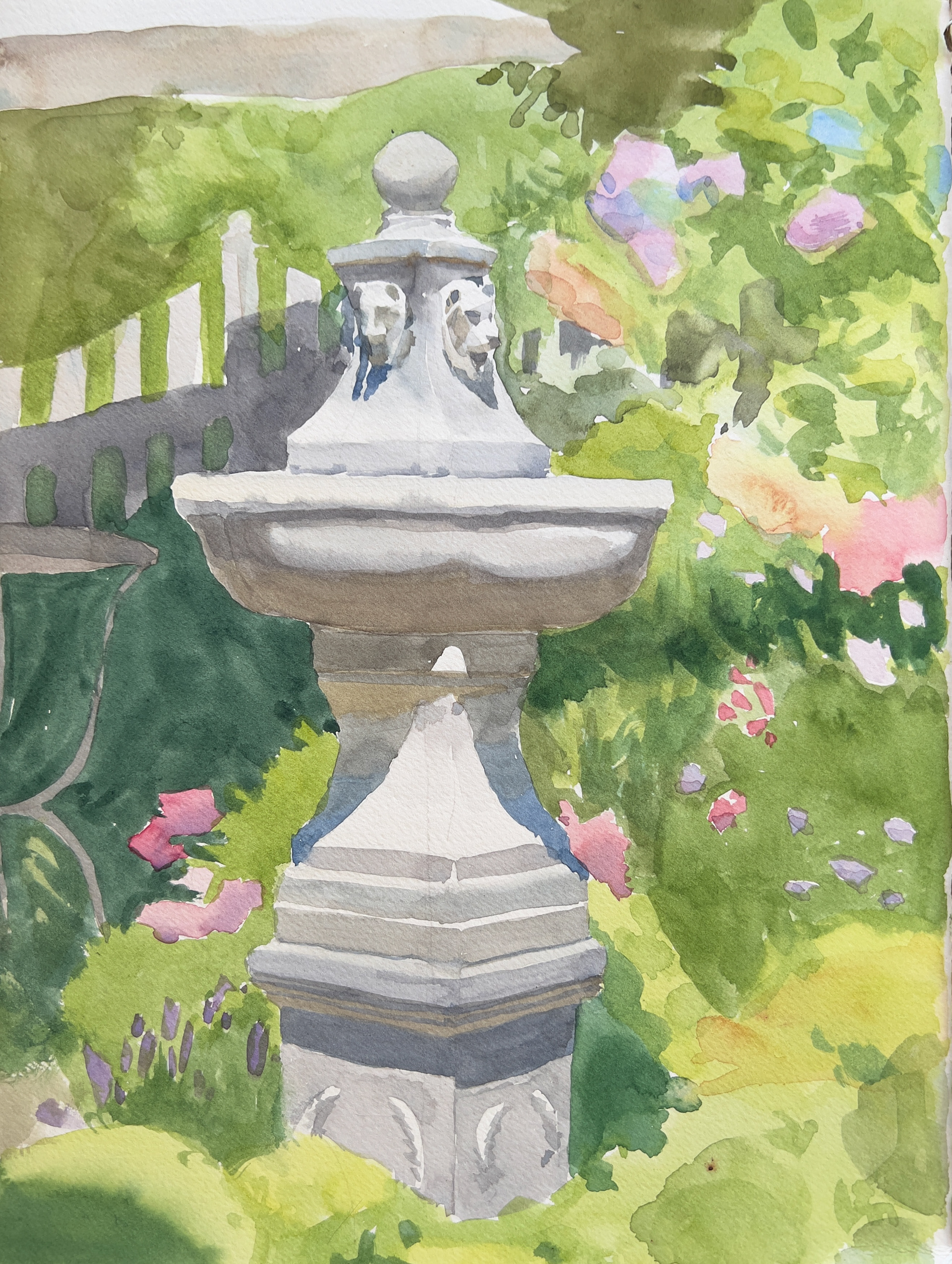 “Garden Fountain”, Watercolor on Paper, 9" x 12"