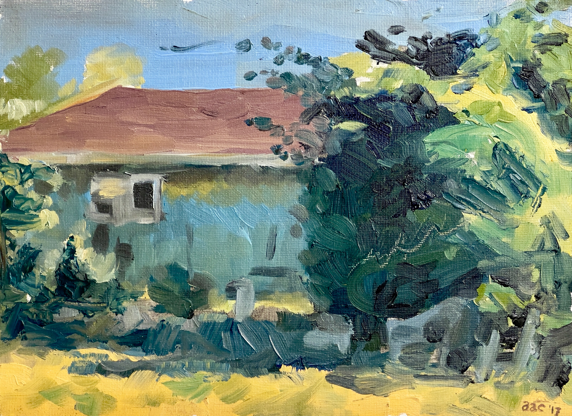 “House Behind the Kiwi Tree”, Oil on canvas panel, 12” x 9”