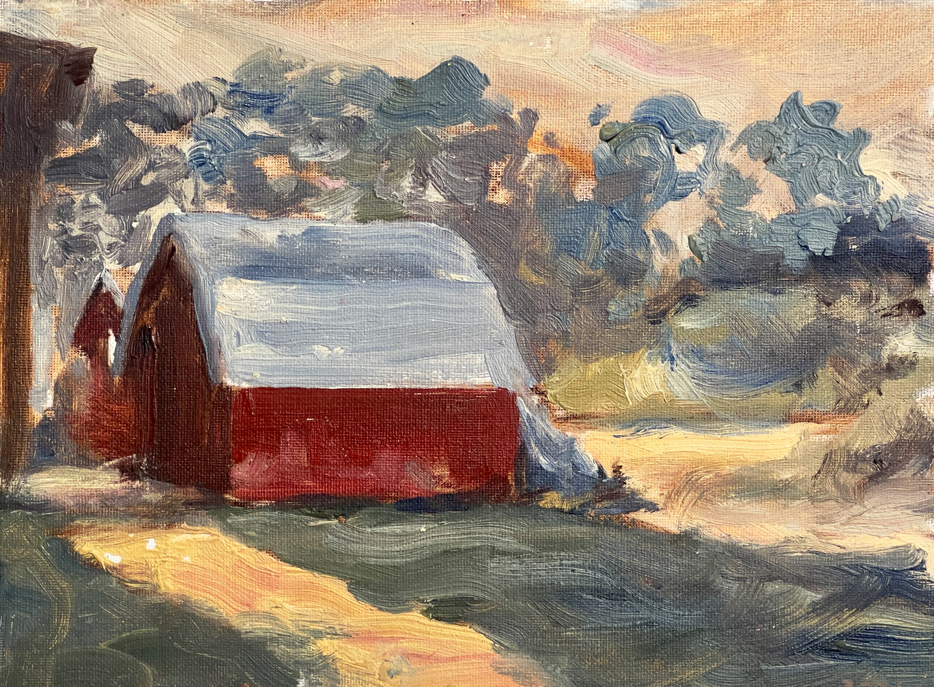 “Barns at Dusk”, Homemade oil paints on canvas panel, 12” x 9”