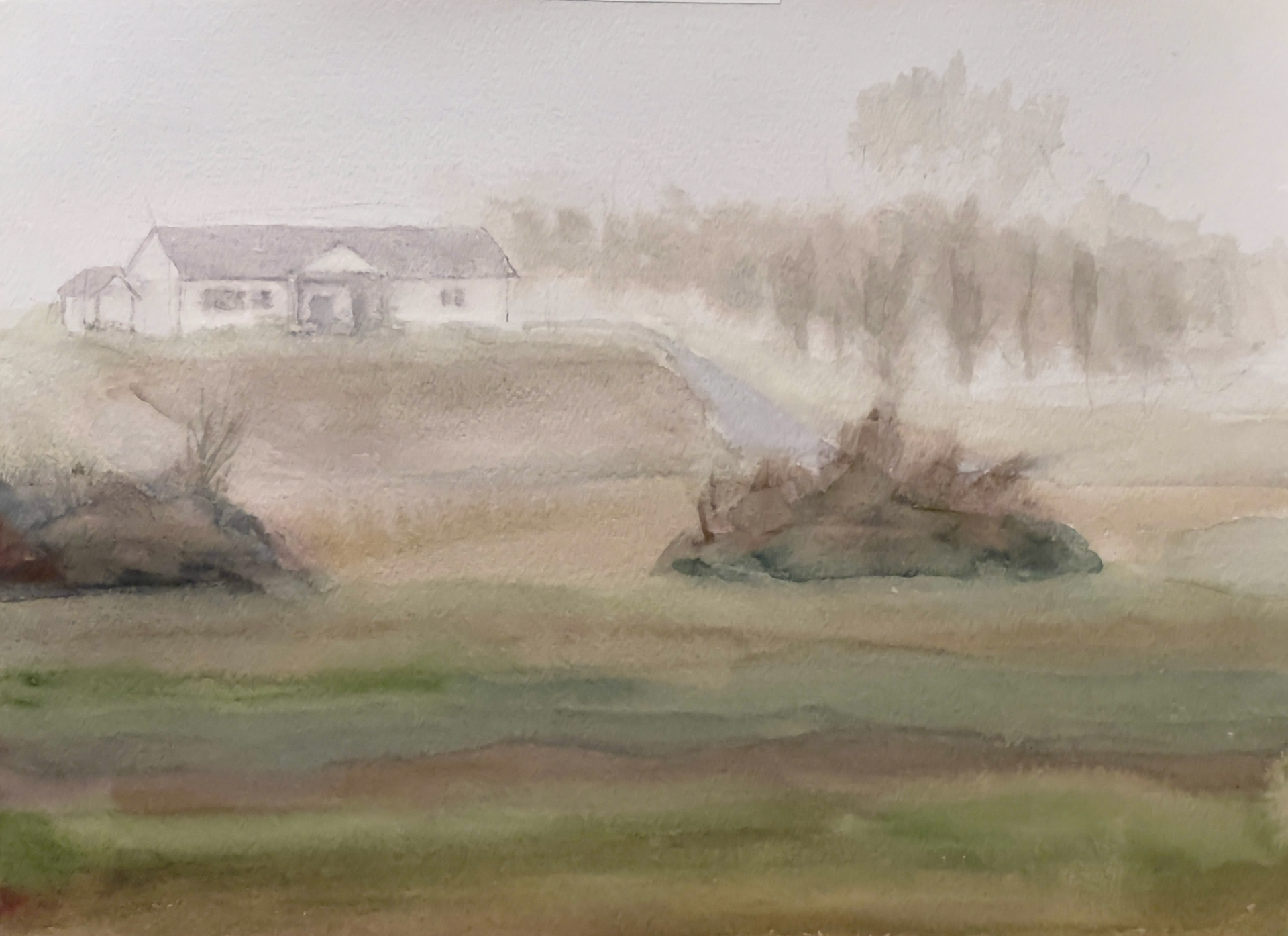 “Foggy View of a Farm”, Watercolor on Paper, 12" x 9"