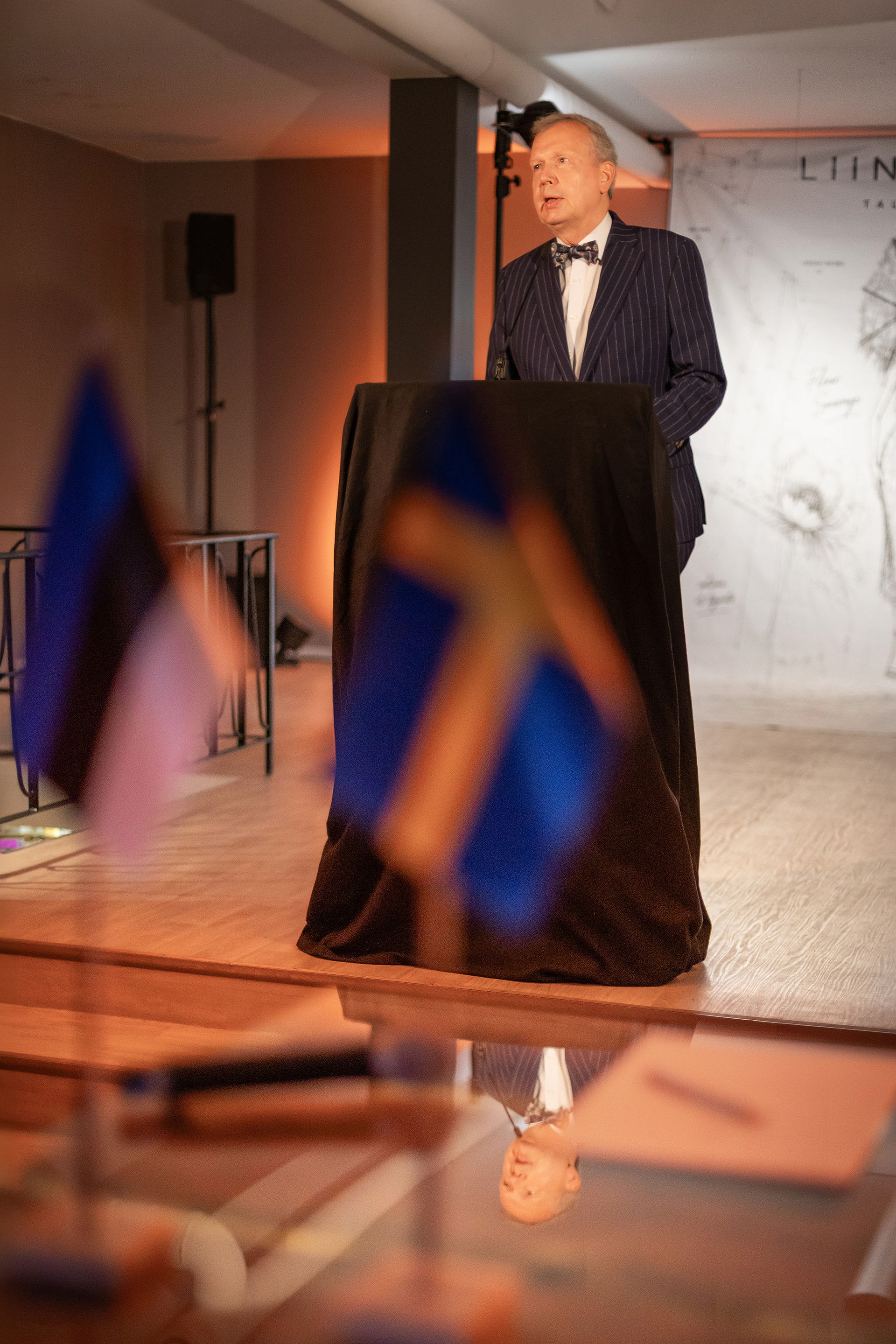 Mees triibuliseMargus Laidre peab kõnet Gotlandi vastuvõtul; esiplaanil on Eesti ja Rootsi lipud.