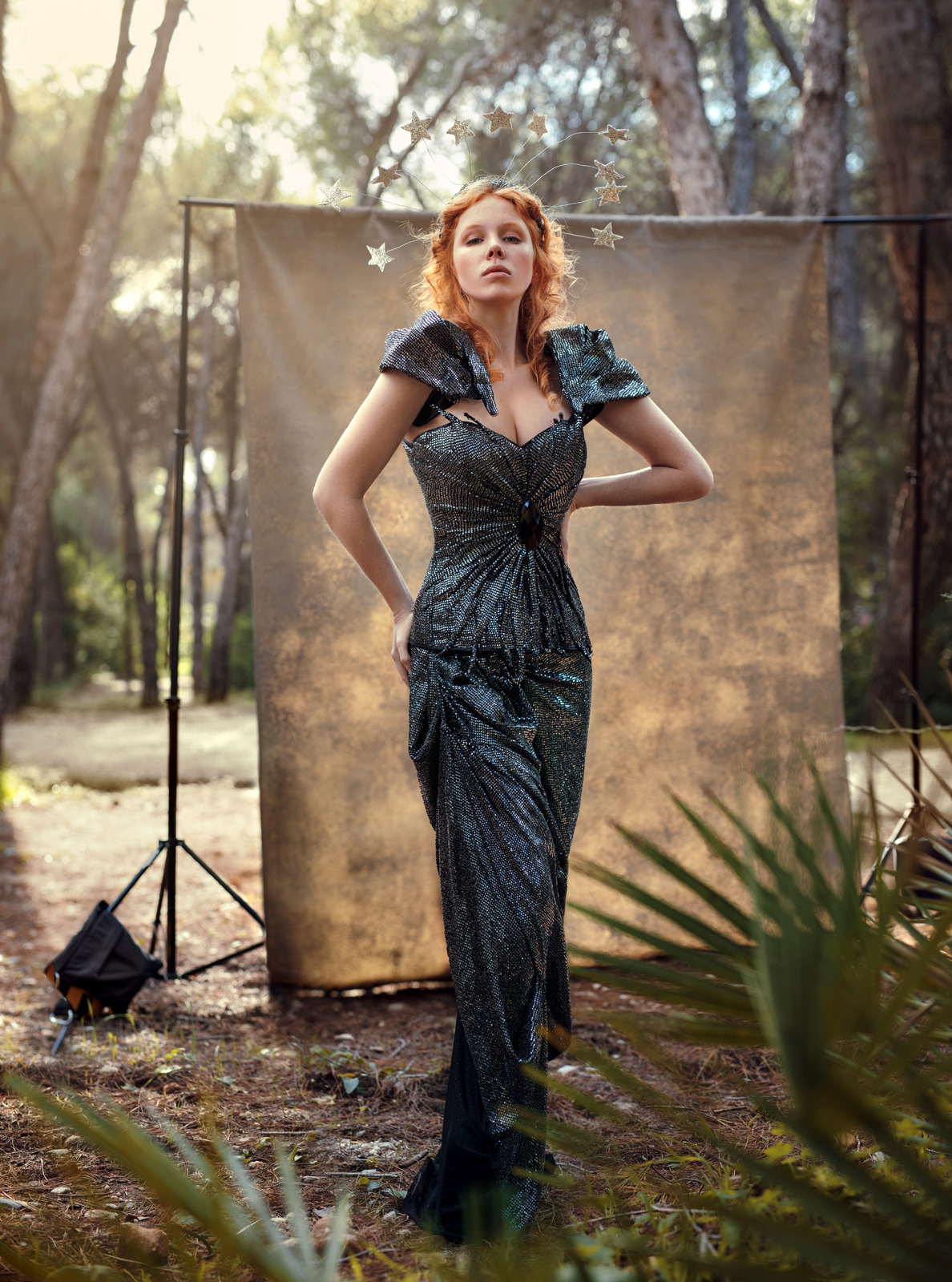 Outdoor editorial fashion portrait of red-haired model in metallic evening gown – Joanna Kustra Marbella fashion photographer